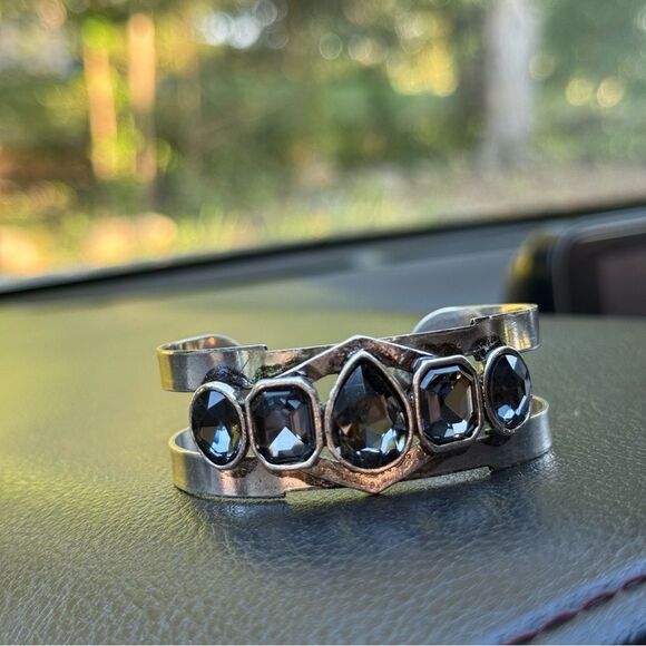 STATEMENT SILVER CUFF BRACELET LARGE FACETED SMOKY CRYSTALS –WOMEN’S BOLD DESIGN - Picture 6 of 17